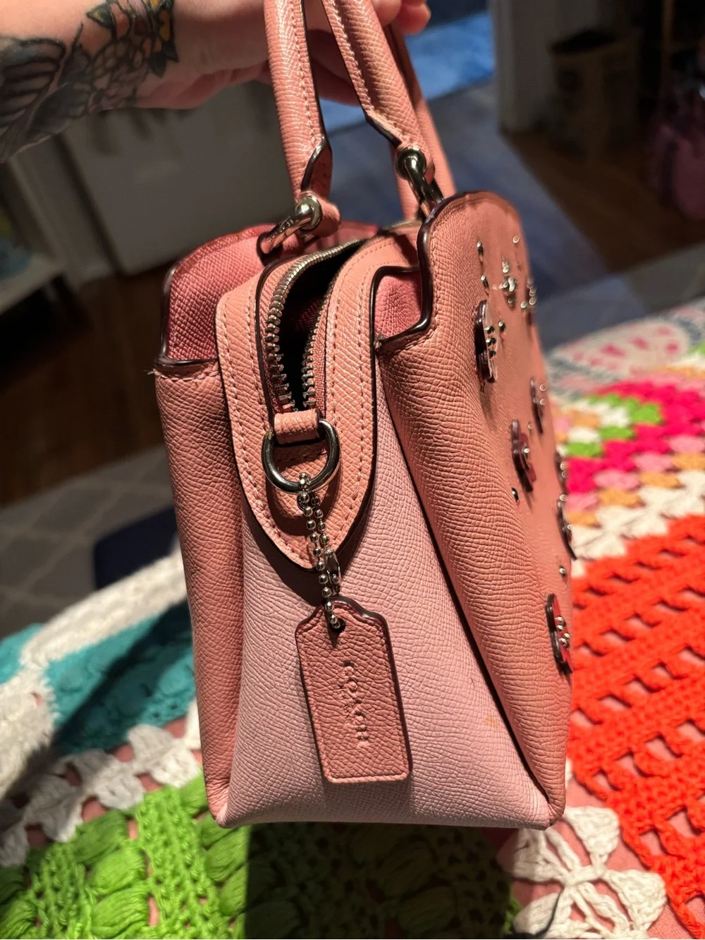 Coach Pink Floral Appliqué Satchel with Red & Cream Accents